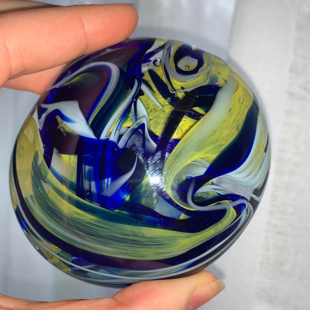 Abstract Blue and Yellow Glass Art Piece